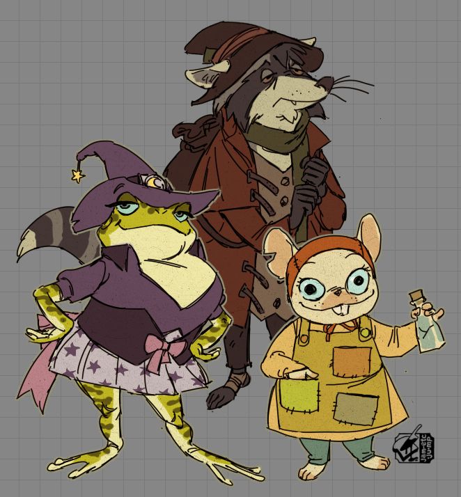 illustrations of a few of the player characters in Avantris: Uprooted. Peggy, a sexy frog sorceress with a purple wizard hat, and purple bodice and star-patterned skirt. Booker, a tired and shifty looking raccoon with an orange duster and a bag, as well as a slouchy peasant's hat. Bitsy, a creepy little wall-eyed mouse wearing a smock with lots of pockets, holding a bottle. it's yellowed and has a bit of paper texture to emulate an old printed fairy tale book