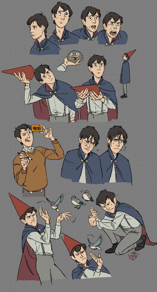 illustrations of Wirt, the main character of Over the Garden Wall. He's a lanky white teenager with brown hair and a thin face, wearing a halloween costume of a cape, suspenders and a gnome hat. Various points in the animated miniseries are reinterpreted here, including making a mixtape for his crush Sara, being annoyed by Beatrice the bluebird, and some of his expressions from dialogue that may be a bit spoilery