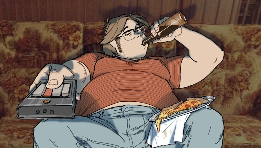 illustration of Graham, @jametc's OC and character of the Slice of Pizza zine, sitting on a garrishly patterned 70s couch, drinking a beer or soda, with a plate of pizza on his knee, pointing an era-accurate 1970s TV remote control, an adaptation of the original meme