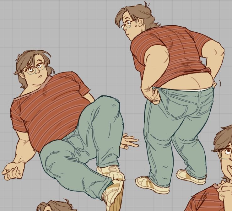 Illustrations of a big man viewed with a sexually suggestive gaze, one laying propped up on his arms, the other trying to pull up his jeans, wearing very 1970s style casual clothing