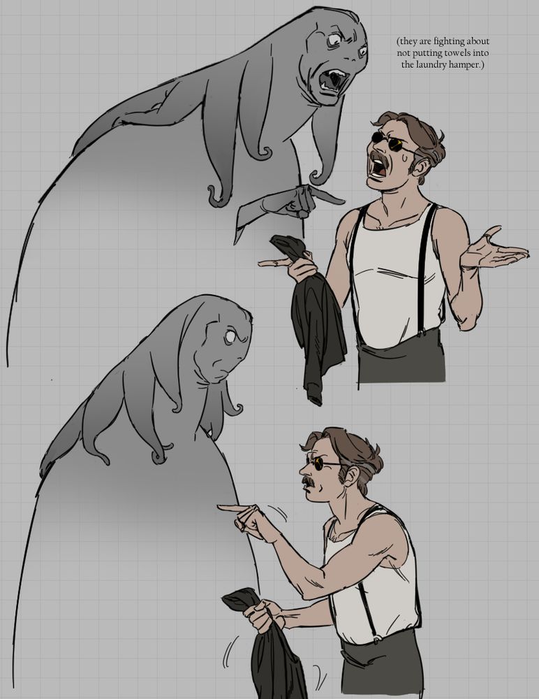 design illustrations from the Malevolent podcast, expressions of characters Arthur(a regular looking man from the 1930s with a moustache and black glasses, as he's a blind man) and John(a shadowy eldrich monster) as they argue about something like an old married couple