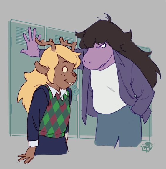 an illustration of Susie with her arm against a locker over Noelle's shoulder in a sort of cliche 1960s boyfriend pose- I believe they call this 'kabedon'