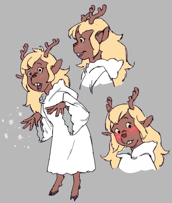 drawings of Noelle from Deltarune, in her dark world outfit of a nice white angelic dress