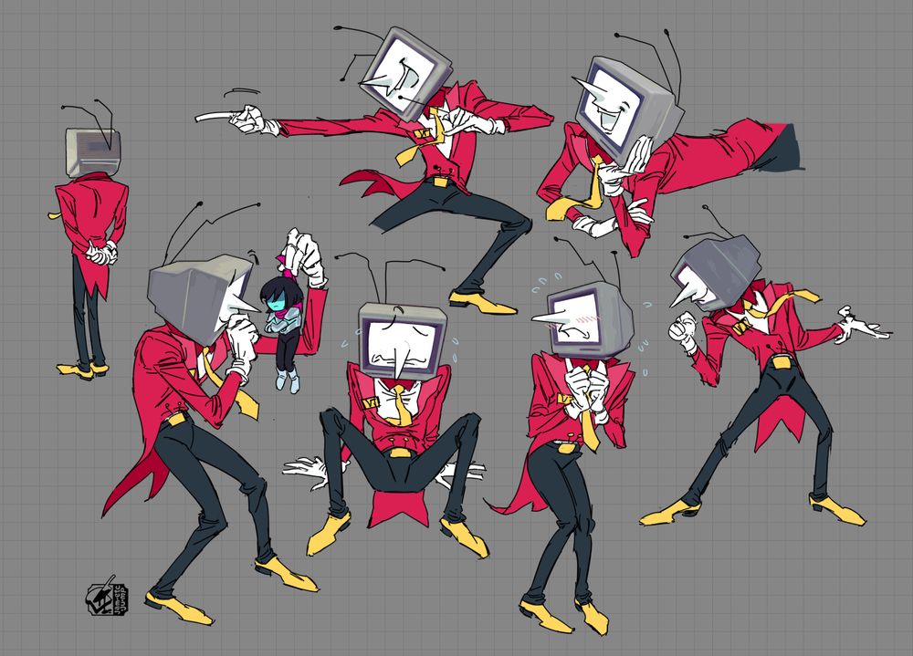 fanart illustrations of Tenna, a character from the new Deltarune chapters. He's a  gameshow host with a red tails jacket, yellow leather shoes, yellow tie and and a giant TV for a head. He doesn't have any eyes but a hannah-barbara type nose and mouth. 7 different drawings basically outline his design from several angles. In one, he holds up Kris- one of the protagonists of the game- like a caught mouse.