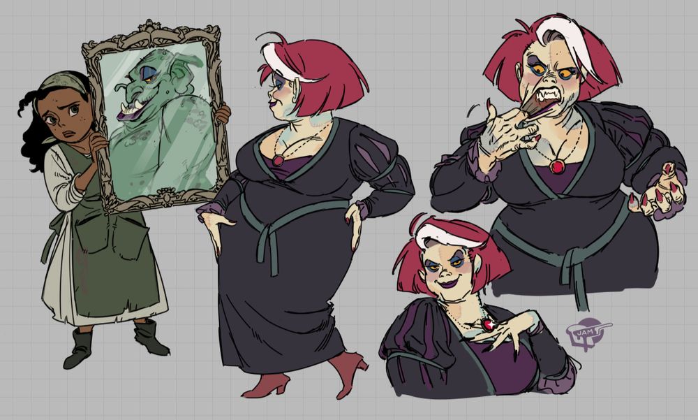 fanart illustrations from the Starkid musical Cinderella's Castle, of Cinderella holding up a mirror to her evil stepmother, a middle-aged white woman with a glamorous green and burgundy dress and fire-engine red hair with a white streak, her mottled skin clearly sewn together, with disney villain esque makeup and bright red nails... in her reflection in the mirror is a grotesque troll gargoyle, her true form. 