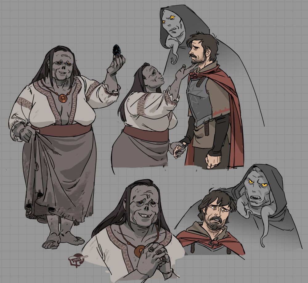 illustrations of Lilith, a character from the narrative serial podcast Malevolent. She is a very old, slightly decomposing, woman made to resemble an old eastern european forest witch, with tattered clothing and sorochka blouse, wearing a polished brass pendant. Her hair is long and thin, her face is wrinkled and spotted, with a missing nose showing only her sinus holes that remain. Her eyes are black with glowing yellow pupils.
She takes the hand of Arthur, a disheveled looking man in a breastplate and tunic, and caresses his face almost like a mother would, while John- a ghostly phantom entity- looks on in disgust and hatred