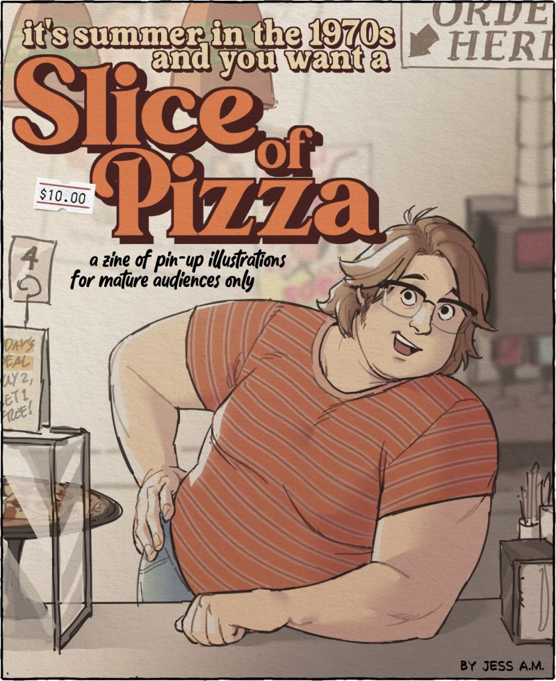 cover art for a zine called "it's summer in the 1970s and you want a Slice of Pizza", a very retro paper magazine cover featuring a blonde man leaning over a counter in a pizzeria, wearing a striped red shirt, with moppy blonde hair and large glasses, seeming to be asking what order he can get you.