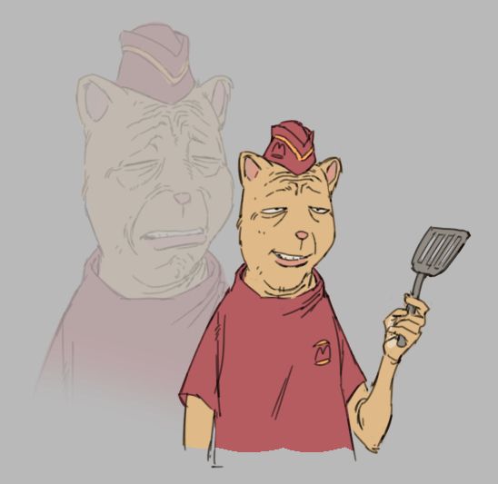 illustrated fanart from Undertale of Burgerpants, the weird cat character who works at the fast food place in Metaton's tower. I've always liked this illustration for reasons