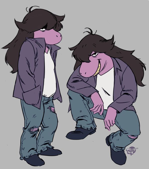 drawings of Susie from Deltarune, in her overworld outfit of torn jeans and a purple shacket