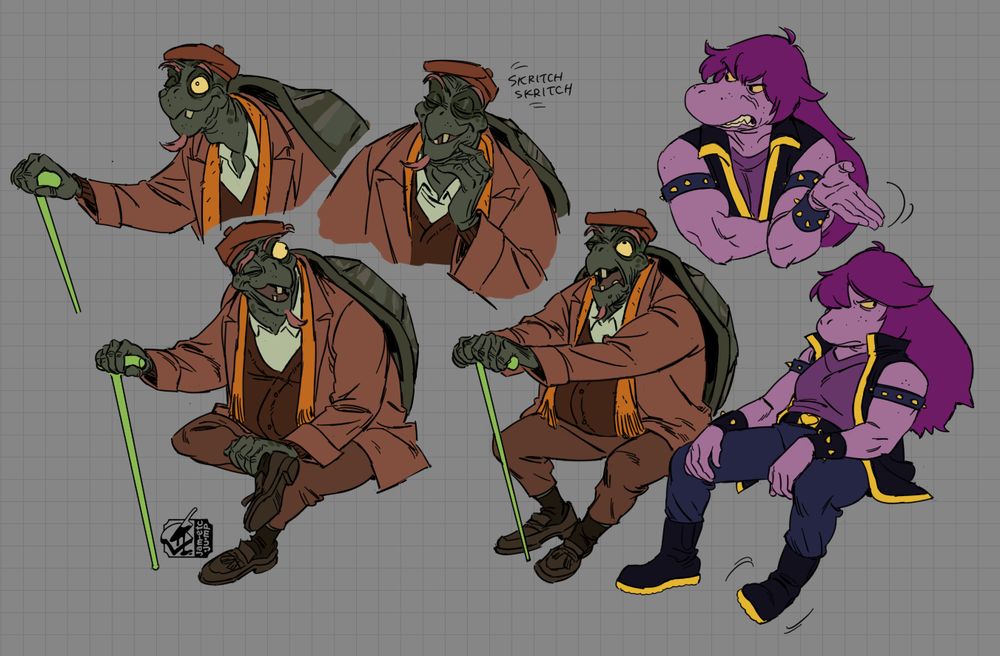 illustrated fanart of the game Deltarune, specifically chapter 4. Old Man Gerson- a turtle-man with a cane, missing eye, and wearing your typical old man jacket, scarf, loafers and a cap. Beside him is Susie, a purple monster girl with long hair and a studded punk outfit, looking dejected as she listens to his advice