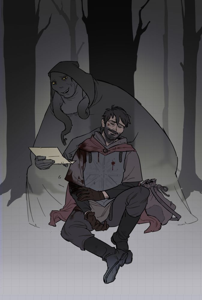 an illustration of an injured man wearing a metal breastplate and tunic, leaning against a tree with a broken arm. He smiles faintly as a transparent ghostly entity that haunts him reads a letter, but not really, to lift his spirits.