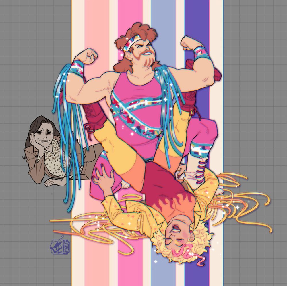 fanart illustration of Brennan Lee Mulligan & Izzy Roland in the dropout.tv show Very Important People, where they play a married 80s star wrestler couple with their relationship on the rocks. Brennan wears a mullet wig and pink leotard, covered in blue streamers, and Izzy wears a flaming red, orange and yellow outfit with red boots and a streamer-covered glittery jacket. They seem to be doing some kind of kinky wrestling move and the host of the show, comparatively drab in brown and beige, watches on with an inexplicable expression
