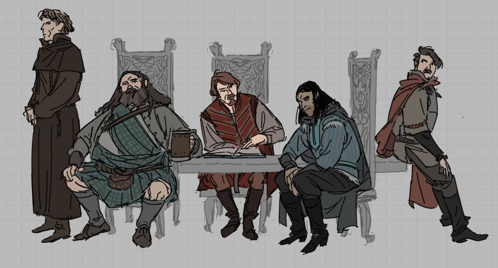 an illustration of 5 men, sitting at a medieval long table looking suspiciously at one another: a standing monk with dark brown robes and tonsure, a large scottish man wearing a kilt and tartan with a large flagon, a medival englishman with a red doublet and moustache, a blue fur-wearing frenchman, and Arthur- wearing a metal breastplate over a tunic with a red cape leaning on the farthest end, without a chair.