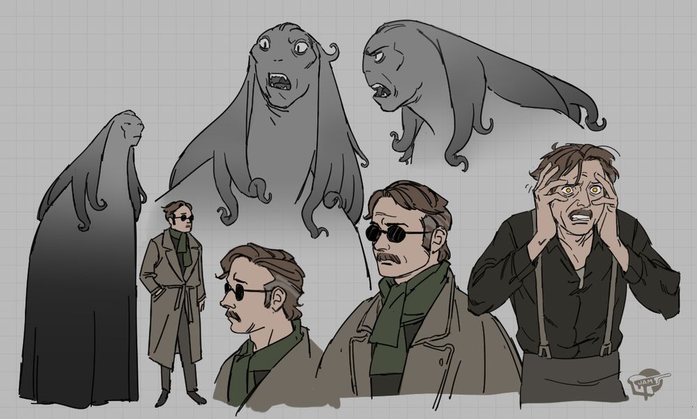 character concept designs for "John", the assumed name of an eldrich monster, a tall grim-reaper-type being with long cthulu-type tentacles that hang down to suggest hair sort of.
As well as Arthur, the blind human investigator he haunts, with very average greying brown hair and moustache, a 1930s trench coat, suspenders, and green scarf. He wears dark glasses
