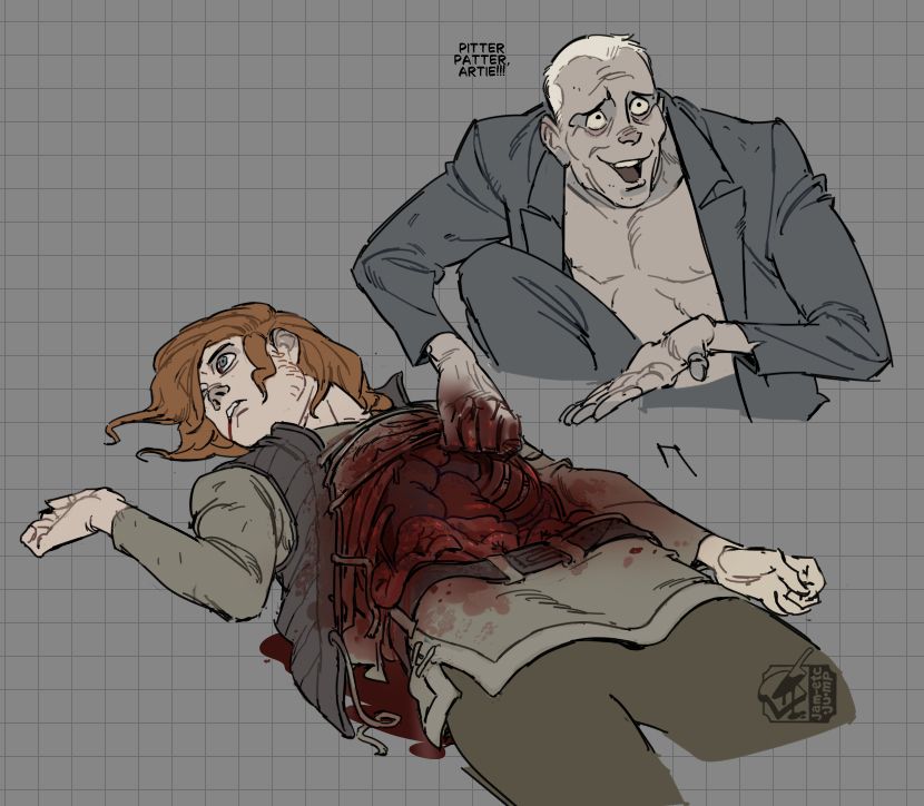 fanart illustration from the podcast Malevolent. Kayne- an emaciated, corpse-like man with mottled skin, grey teeth, very short cropped hair and a tattered blazer jacket on, bends down over a man who's been disemboweled, holding his abdomen open, gesturing to his viscera and saying "pitter patter, artie!!" with a bemused expression