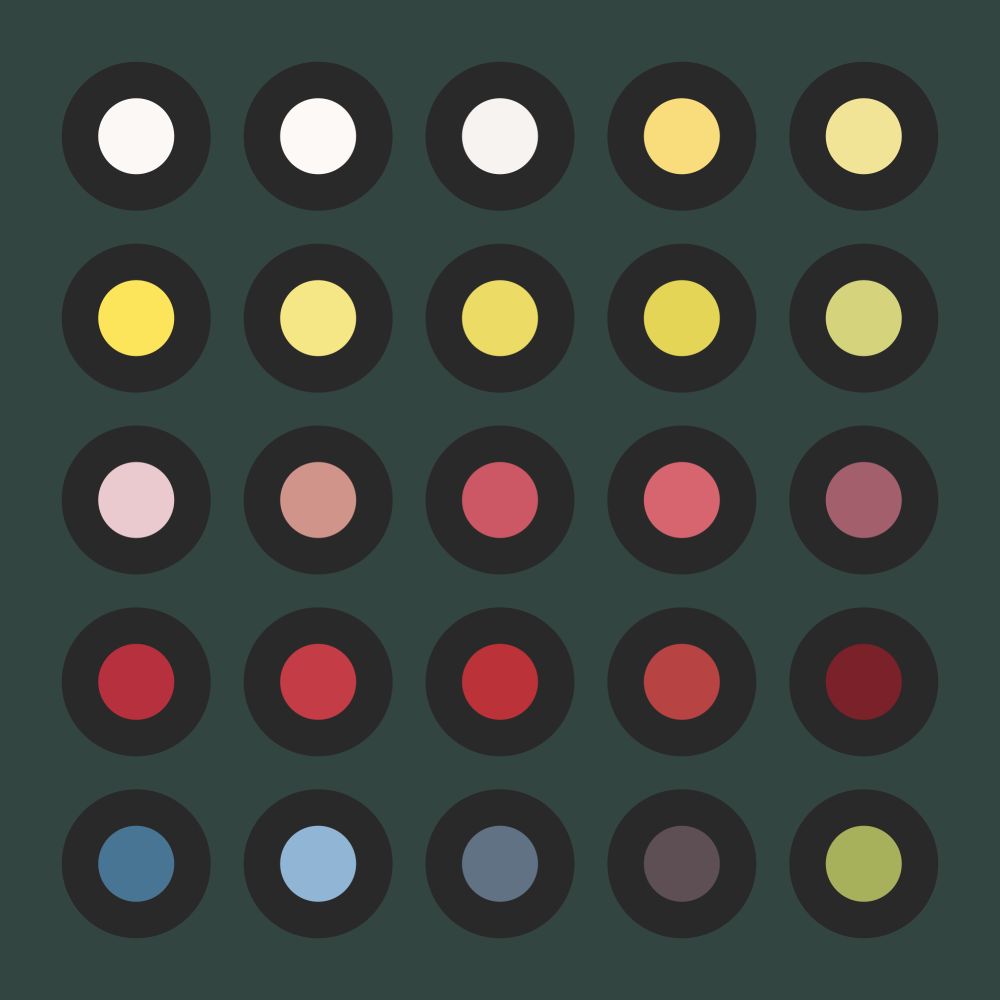 5x5 grid of circles arranged by color starting at the top with whites, then yellows pinks, reds, blues, purple, and green—each with a thick black border around it and all on a dark green background.