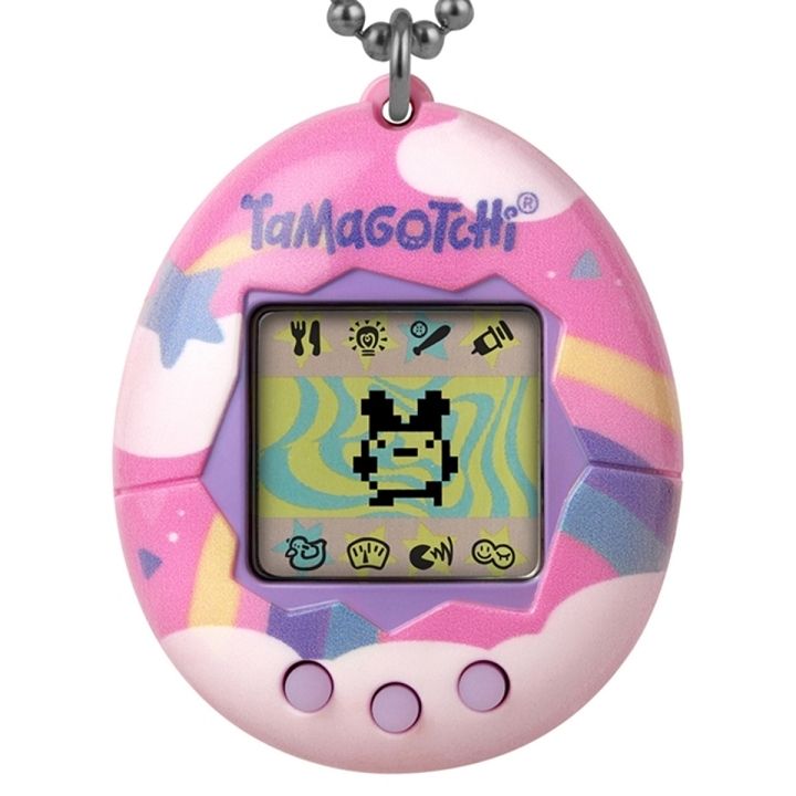 A Tamagotchi device with a pink pattern shell