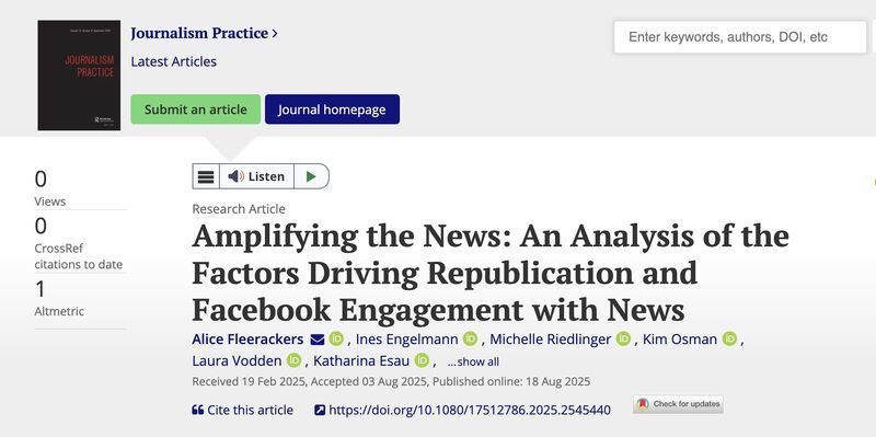 Screenshot of journal article titled Amplifying the News: An Analysis of the Factors Driving Republication and Facebook Engagement with News. 