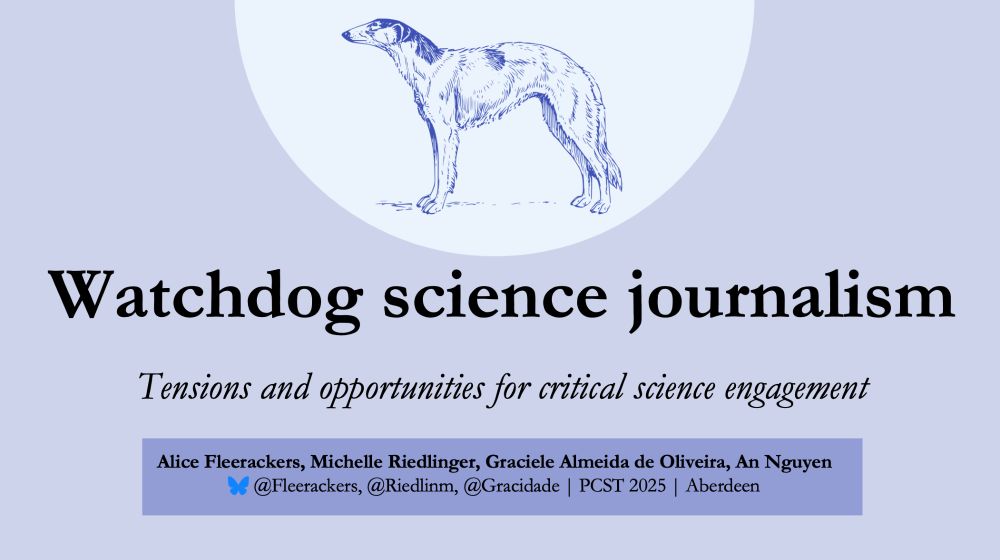 Slide with a blue watchdog on it and the words "Watchdog science journalism: Tensions and opportunities for critical science engagement"