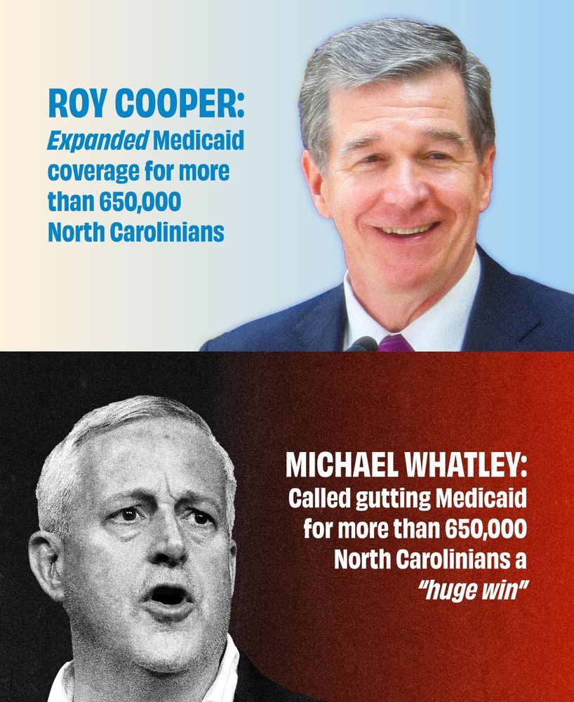 Roy Cooper expanded Medicaid coverage for more than 650,000 North Carolinians.
Michael Whatley called gutting Medicaid for more than 650,000 North Carolinians a “huge win” 
