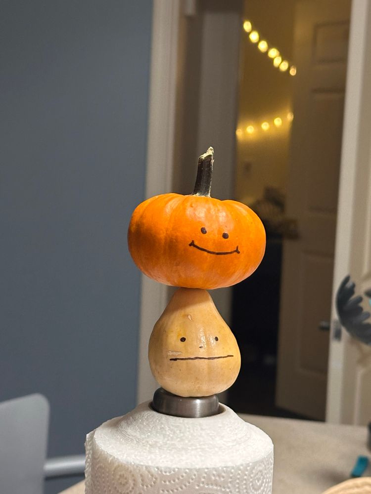 Tiny happy pumpkin sitting on top of a tiny loric squash