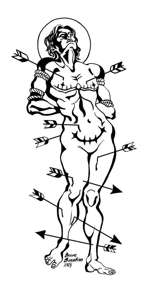 Saint Sebastian pierced by arrows and bound with rope. His arms are tied behind his back. 
He has top surgery scars and a long hysterectomy scar. 