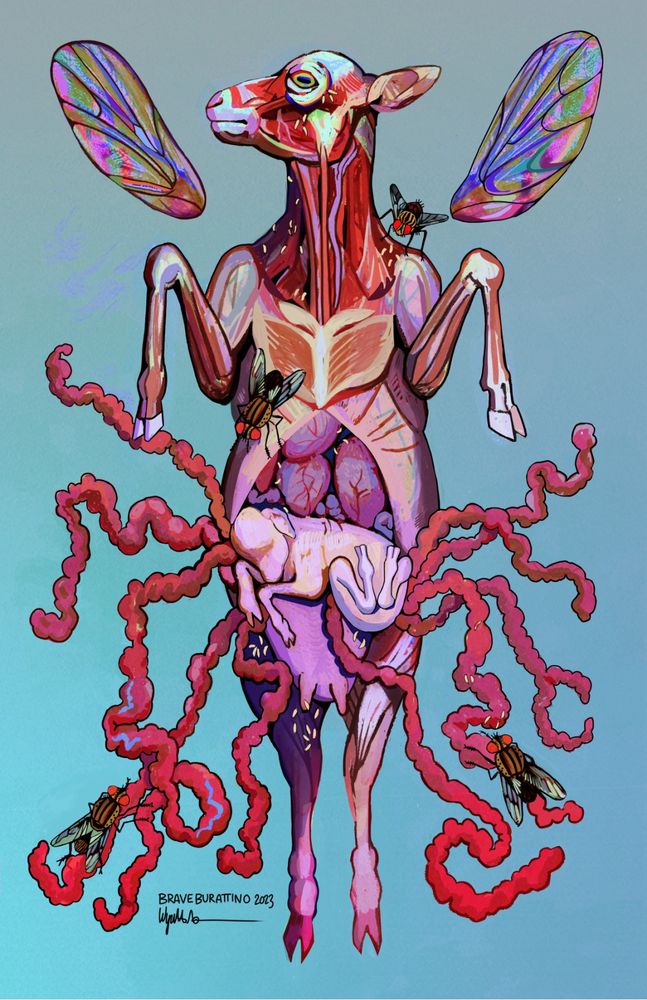 Digital painting of a mother lamb stripped of her flesh with her entrails spilling. Inside her is a fetus framed by her intestines. Maggots speckle her body, and four adult flies sample her. Two iridescent fly wings are painted above her shoulders. 