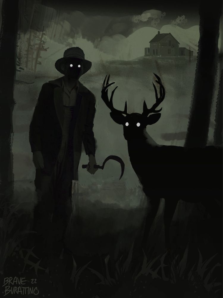 Digital painting of a dimly lit night scene of a man wielding a sickle. He stands next to a deer as if in mid conversation with it. You have just interrupted. ‘You ain’t supposed to be out after dark’ he says calmly. The eyes of the man and the deer shine white like headlights as they lock on you