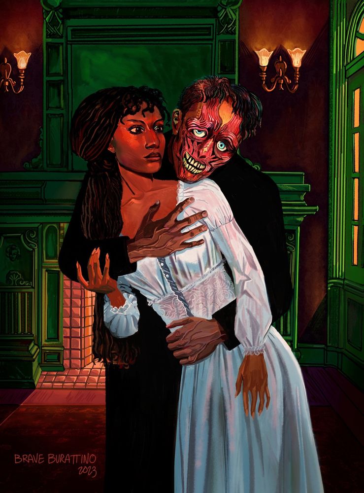 Digital painting of a couple in a darkly lit room with a burning fire place. A man with face that has been stripped of its flesh is grabbing his partner from behind possessively. The woman is holding on his arm and has a nondescript expression on her face and she looks back at him. 
