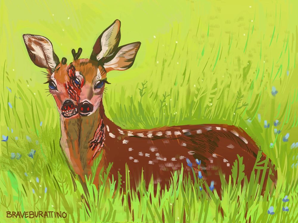 Digital painting of a mutated doe in tall sunny grass. Its expression looks Innocent and alarming. A second head is pushing out from the side of its face giving the animal an extra mouth, eye, antler, and ear. Blood is pooling in both its nostrils and  it has an open wound where the extra face came from. Small blue followers speckle the grass surrounding the figure