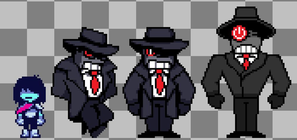 Pixel art of Kris from Deltarune next to a fan character who resembles a sentient remote control dressed like a private investigator, beside him is an older design of the same character