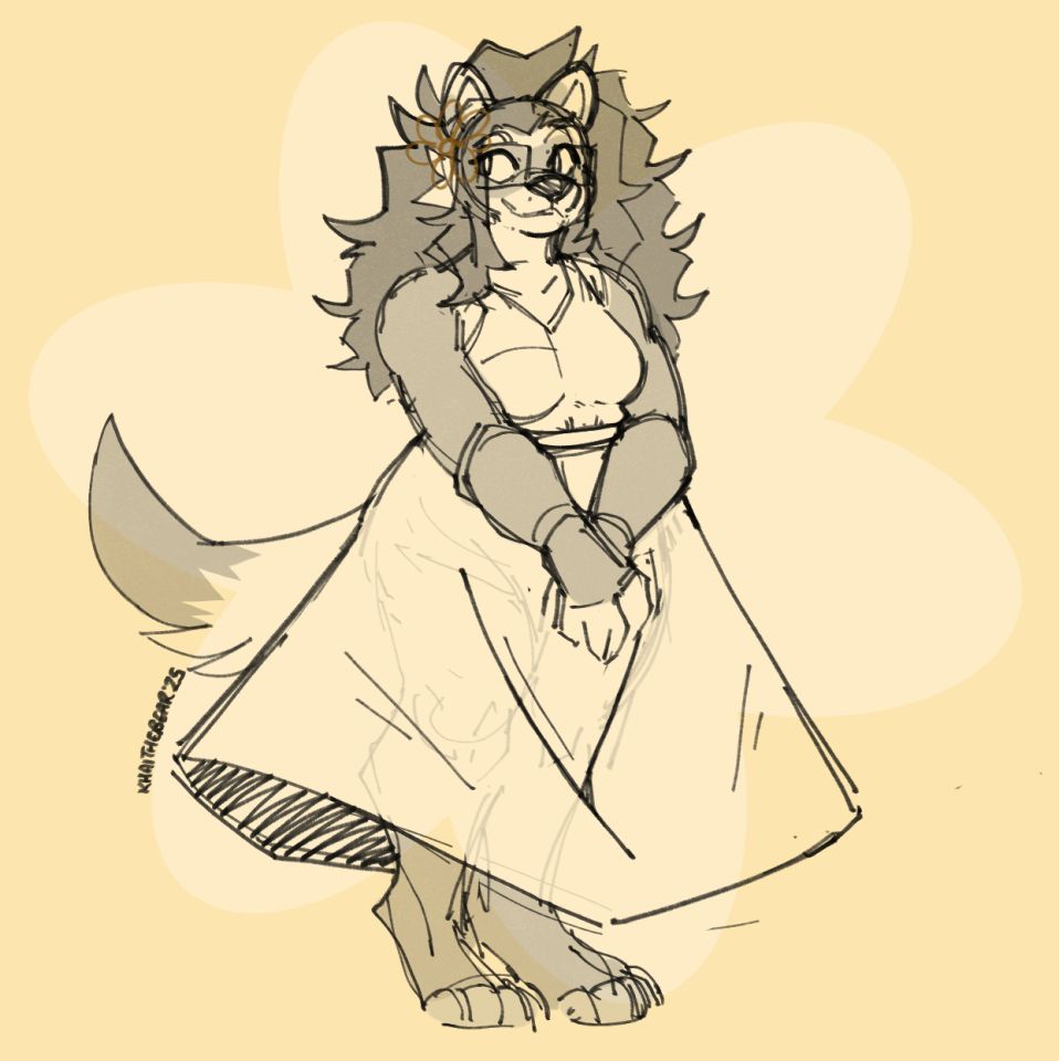 Sepia-toned sketch drawing of an anthro ferret woman (Ferron) standing casually with her hands crossed over her lap. She's wearing a sleeveless dress top with separate skirt alongside a pair of squared glasses and a flower behind her right ear, the background is a worn sandy yellow with a paler flower pattern in its center