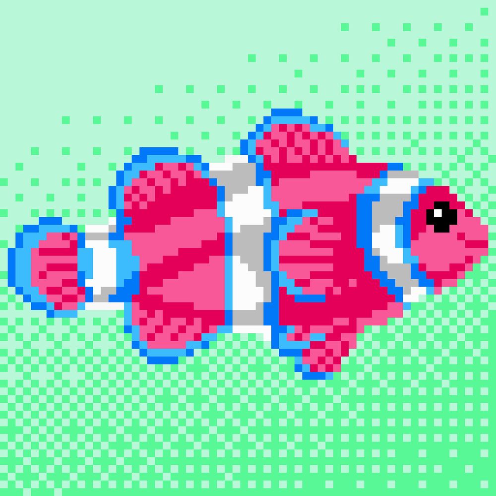 pixel art clownfish with trans flag coloring