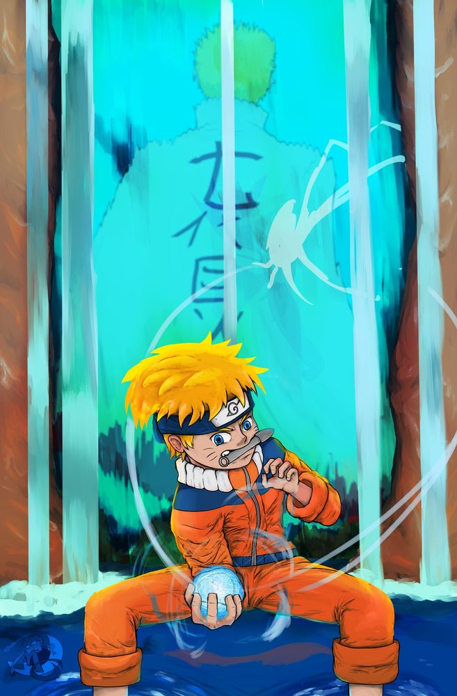 Naruto creating the rasengan with his older self being reflected in a waterfall behind him