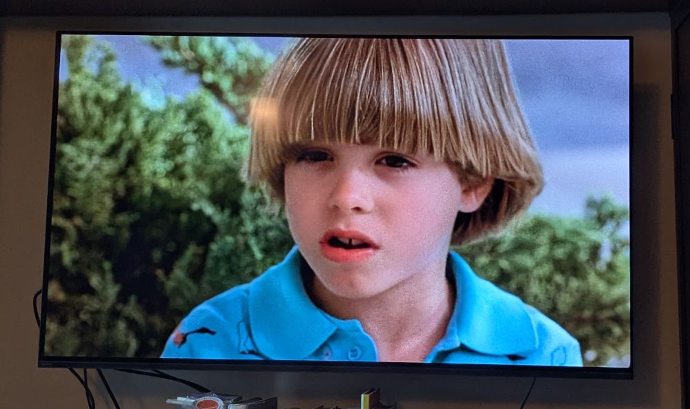 A tiny Matthew Lawrence, probably about 6 or 7 years old, as the neighbor kid in Pulse. 

He is much blonder than he is as an adult, and sporting an incredible blunt bowl cut.