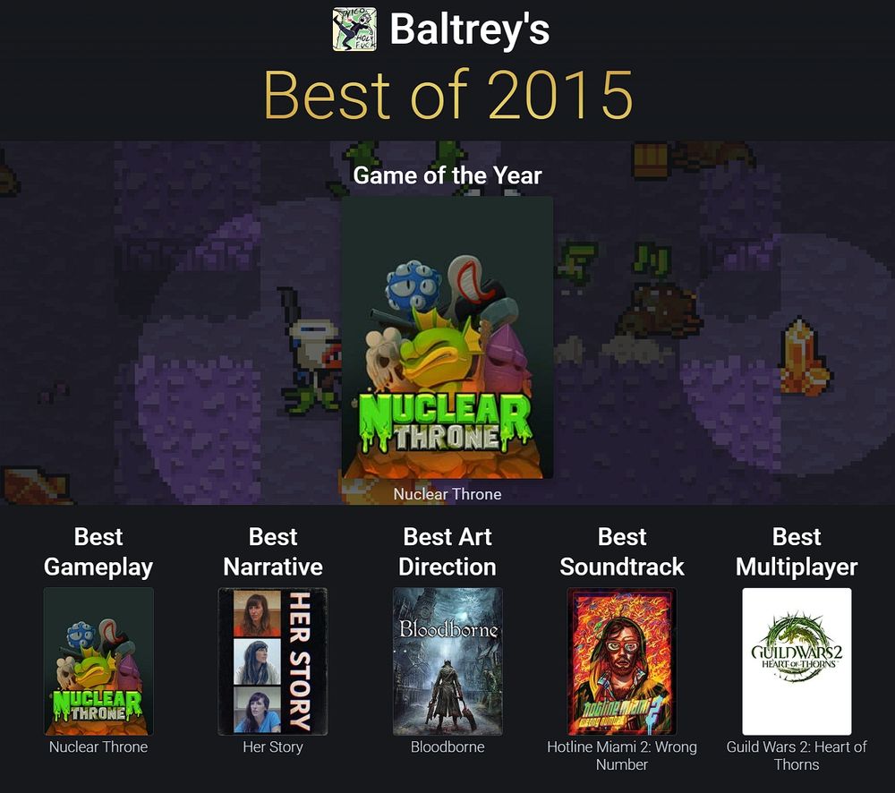 My backloggd's best of 2015. Game of the year: Nuclear Throne. Best gameplay: Nuclear Throne. Best Narrative: Her Story. Best art direction: Bloodborne. Best soundtrack: Hotline Miami 2. Best Multiplayer: Guild Wars 2 Heart of Thorns.