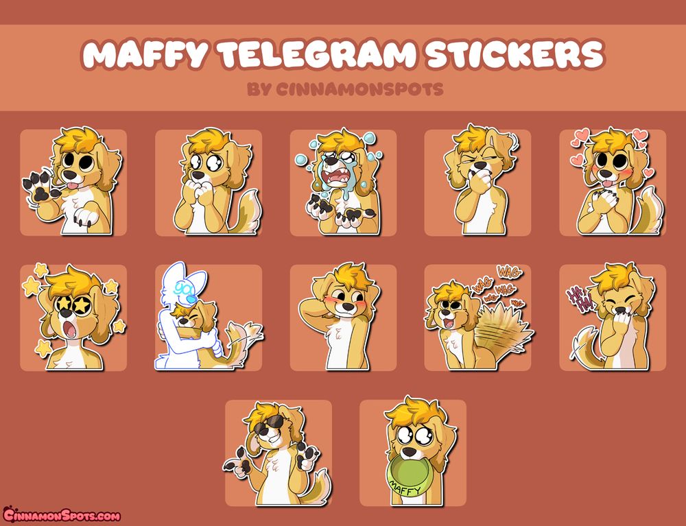 12 Telegram Stickers featuring Maffy, a yellow and white mal dog with floppy ears