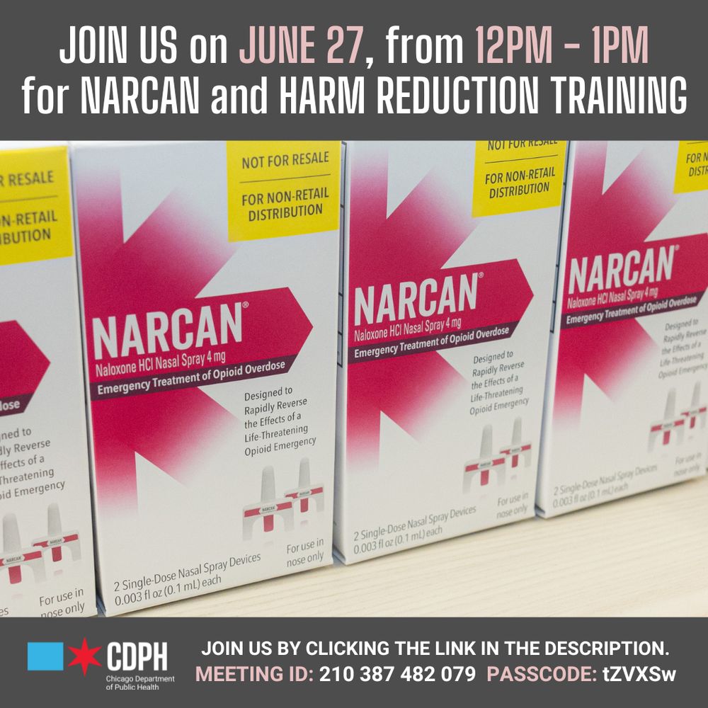 A row of Narcan boxes, broadcasting an upcoming harm reduction training session.