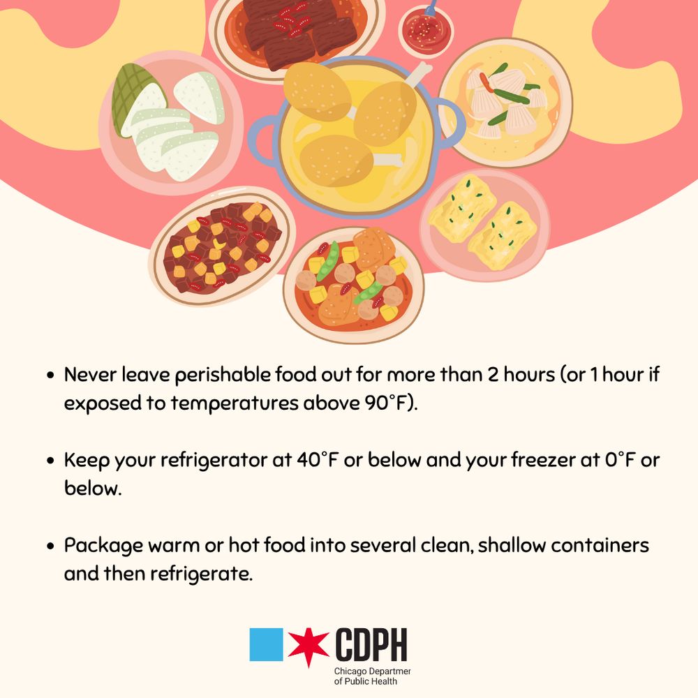 Guide on what to do to keep food safe during hot weather. A table with colorful food is in the background.