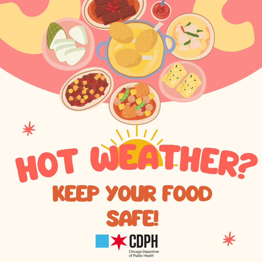 Guide on what to do to keep food safe during hot weather. A table with colorful food is in the background.