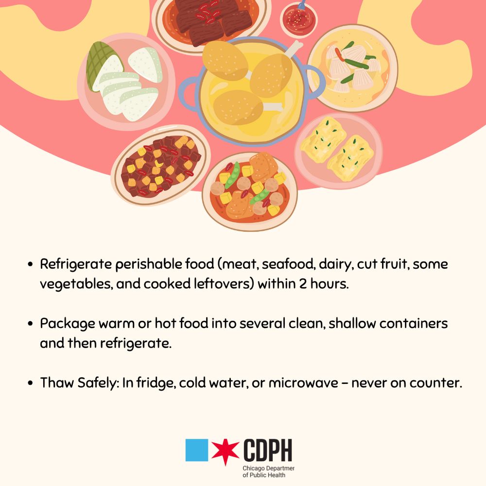 Guide on what to do to keep food safe during hot weather. A table with colorful food is in the background.
