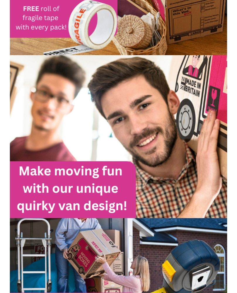 Screenshot from product listing for cardboard boxes with a van printed on the sure, the central section showing a man smiling at the camera while carrying one of the boxes next to text that reads, "Make moving fun with our unique quirky van design!"
