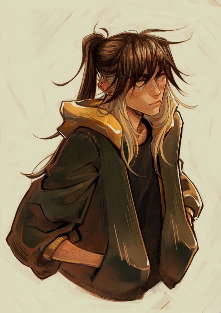 portrait of a serious young man, slouching with hands in the pockets of his jacket, staring into the distance.