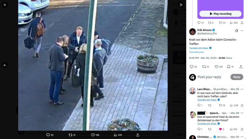 Der Screenshot zeigt das X-Profil von Erik Ahrens mit vermeintlichen Fotos des Potsdamer Geheimtreffens