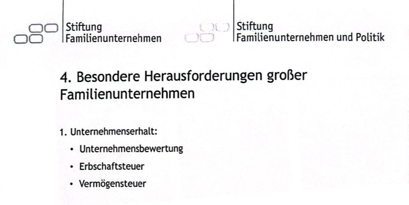 Auszug aus SFU-Dokument, das die „Besonderen Herausforderungen großer Familienunternehmen“ listet. Darunter Erbschaftssteuer und Vermögensteuer.