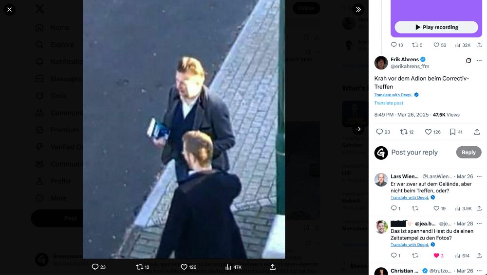 Der Screenshot zeigt das X-Profil von Erik Ahrens mit vermeintlichen Fotos des Potsdamer Geheimtreffens