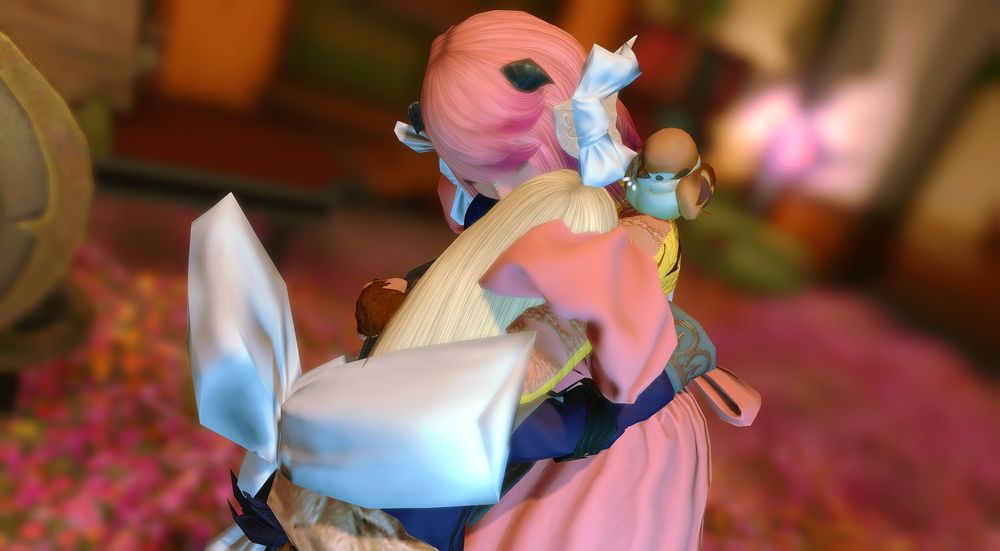 Shot of Emi, in a pink dress with poofy sleeves, she is wearing white ribbons on both of her horns and a big one on her tail, and is embracing Alaqa tightly in a hug with both her arms and tail, as her sparrow friend chirps on from her shoulder at them, Alaqa is wearing a purple robe with some gold brown markings on the sleeves, her tail is hugging Emis back, and she is also reciprocating the hug