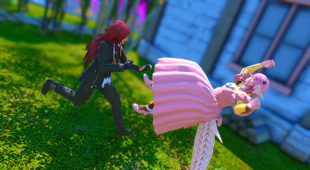 Shot of Circe running over to Emi, who completely messed up the backflip and is now falling on her back