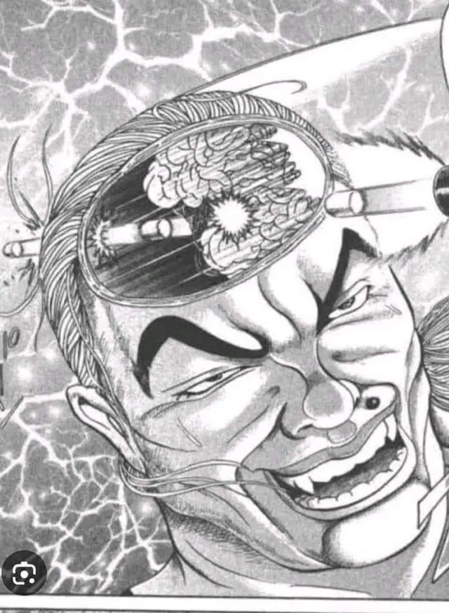 Fanart of Grappler Baki where the villain moves his brain to dodge a bullet in his head