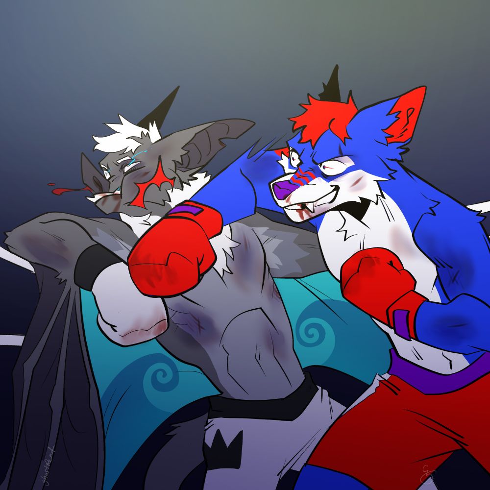 Part 4 digital art piece of a boxing match between Tex Fox and Vauruk. Tex manages to get Vauruk onto the ropes and begins a barrage of hits to Vauruk's head! This is looking like it could be it for the cocky bat.
